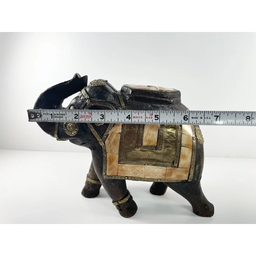 Pier 1 Carved Wooden Elephant Figurine Brass Bovine Bone Inlay Trunk Up India
